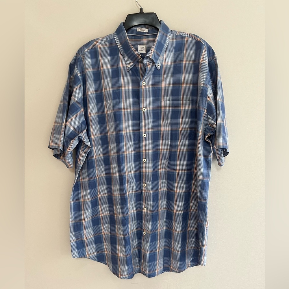 Peter Millar Short-Sleeve Button Up Tartan Plaid Sport Shirt, Blue/Yellow, Xl